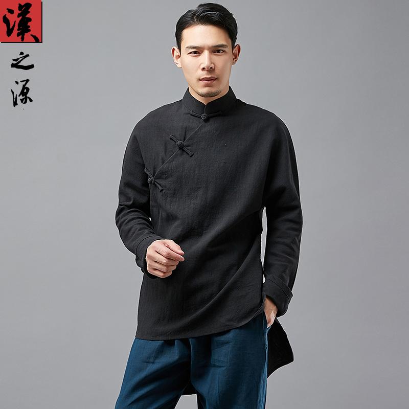 瀬戸もの風 メンズ 長袖Ｔシャツ  漢服 曲がった襟 お皿 名取り草 照明ランプ色合い 思い入れる 背広 中国  レトロ 円頂黒衣トップス