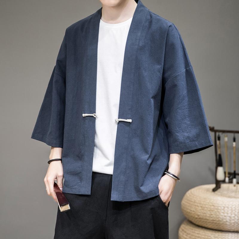 チャイナ風 メンズ ファッション 漢服 薄手 夏 大きめサイズ 七分袖 道教 ローブ ボタン 唐 カーディガン ジャケット 襟し トップス アウターウェア コットン ゆったり
