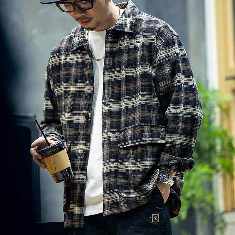 綿 チェック シャツ メンズ 春秋 ファッション アメリカン レトロ カジュアル ワークウェア ジャケット 長袖 レジャー ゆったり ボタン