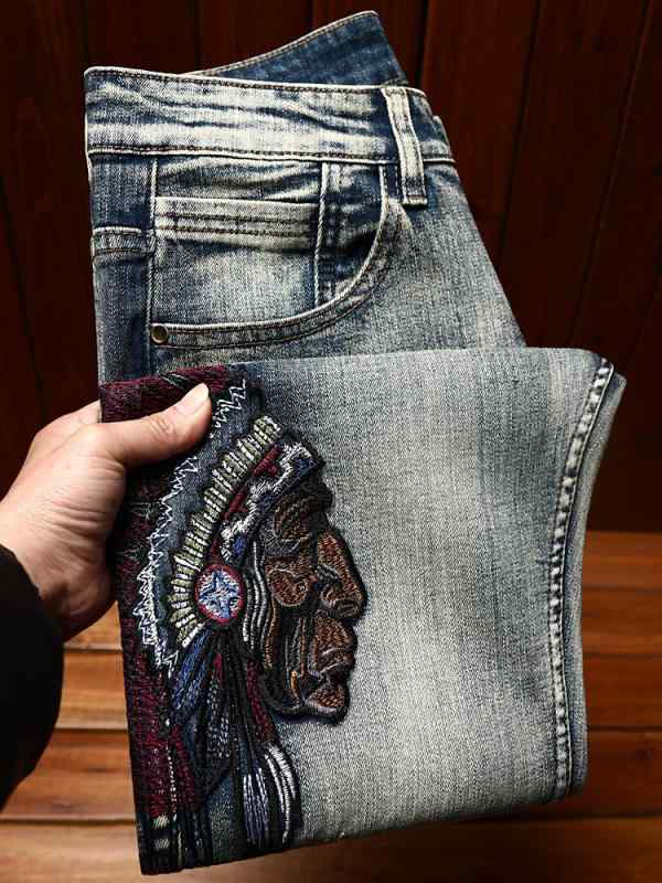 デニムパンツ おしゃれ メンズ 刺繍 リップド ジーンズ ストレッチ スリム フィット 春秋 ストリート カジュアル パンツ デニム オールシーズン ロング｜セキュアデポ