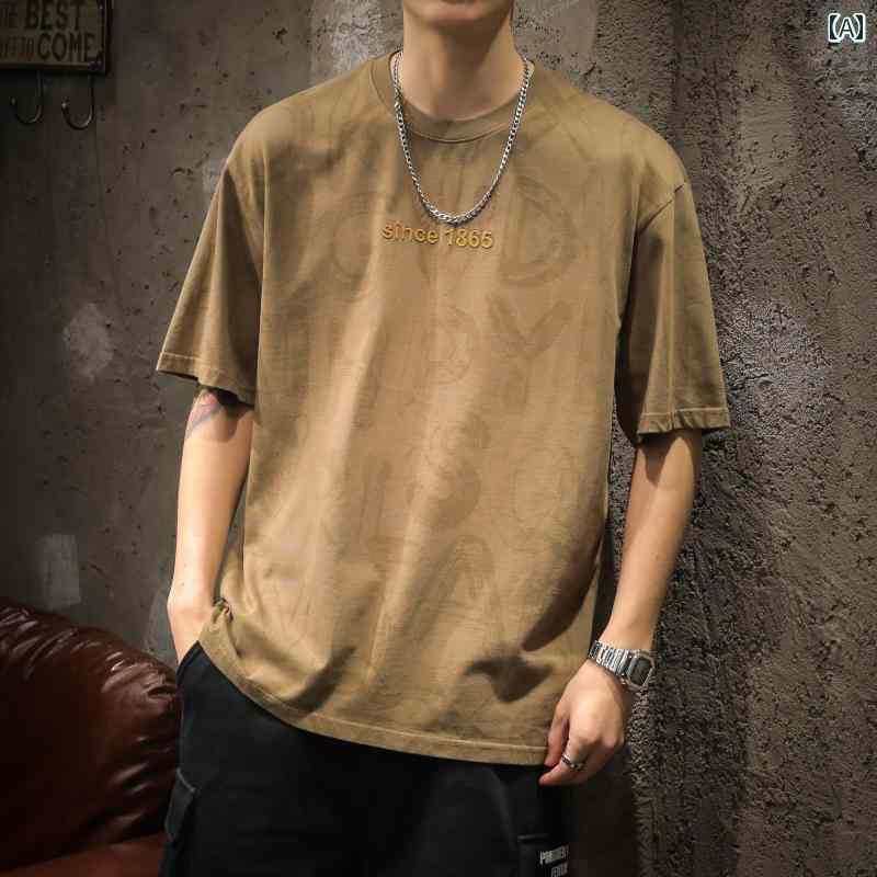 メンズ ファッション 夏 メンズ アメリカン 半袖 Tシャツ 刺繍 トップス ラウンドネック コットン テキスト ゆったり