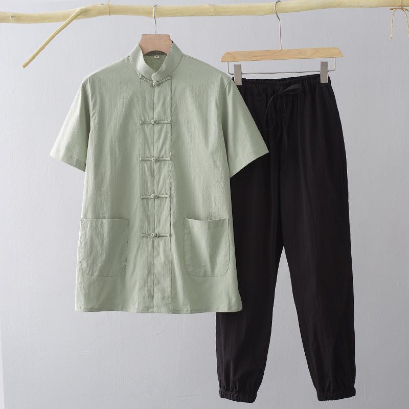 メンズ チャイナ風 コットンブレンド メンズ 夏 薄手 半袖 綿 スリット 中国風 漢服 セットアップ 上下セット シンプル