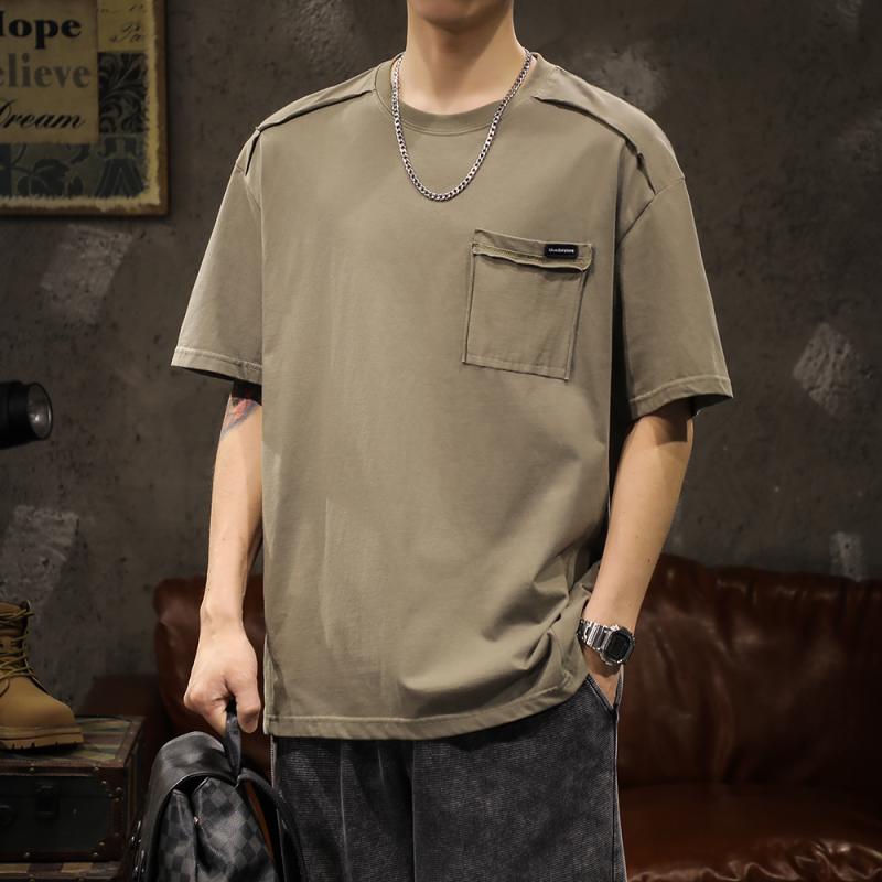 メンズ Tシャツ レトロ 夏 ラウンドネック 丸首 トップス ゆったり ステッチ ポケット ノーアイロン 綿混紡 コットン 通気性 黒 白 グレー 茶 ブラック ホワイト ブラウン カジュアル 大きめサイズ メンズ トップス ドレープ