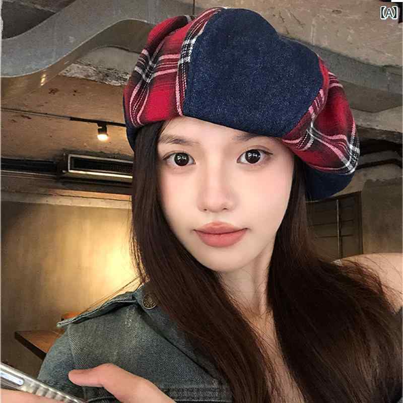 韓国 レトロ チェック ベレー帽 おしゃれ レディース 夏 大きめ頭囲 カジュアル 画家帽子 小顔 ふわふわ 帽子