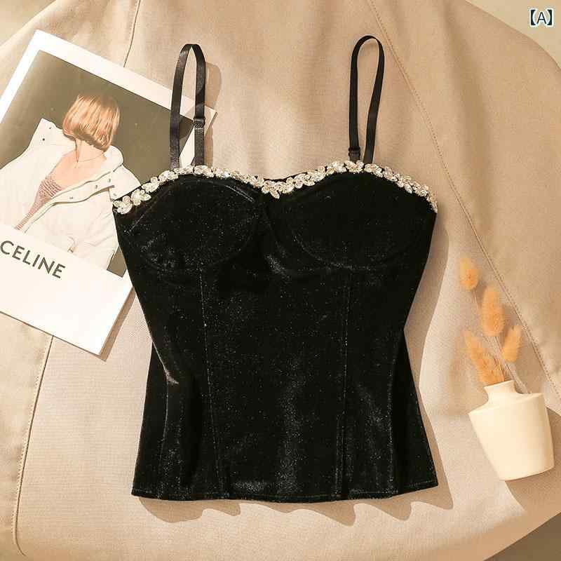 レディース ビジュー 起毛 キャミソール パット付 モテ服 セクシー お腹見せ レイヤード かわいい おしゃれ トップス 韓国 フェス パーティー レジャー デート 美