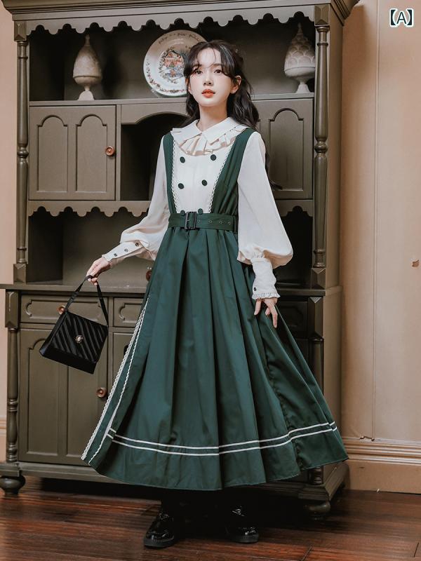 レディース 学生 ワンピース 重ね着風 シンプル ナチュラル フェアリー 春秋 かわいい ガーリー カジュアル リラックス 森ガール