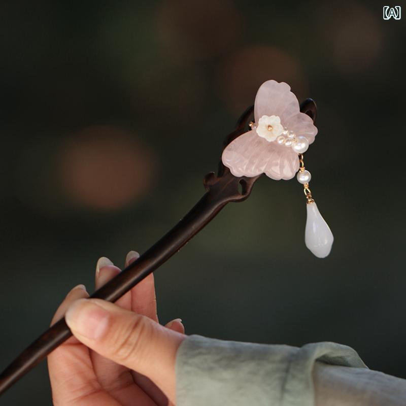 かんざし レディース ヘアアクセサリー 簪 エスニック 髪飾り 花火 ピンク フェアリー クォーツ 蝶 ヘアピン 中国風 木 レディース レトロ 白檀