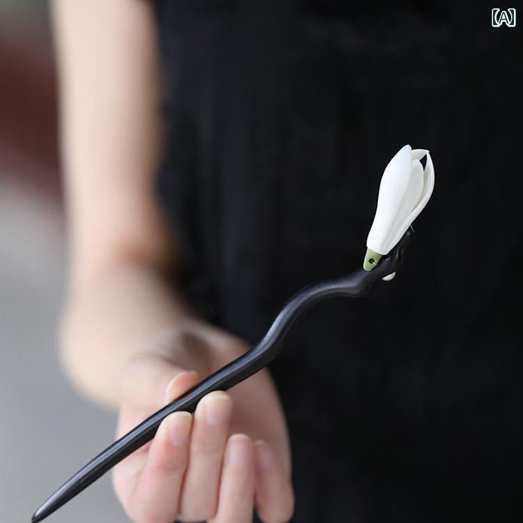 かんざし レディース ヘアアクセサリー 簪 エスニック 髪飾り セラミック マグノリア ヘアピン チャイナ風 白檀 日常 通勤 レトロ