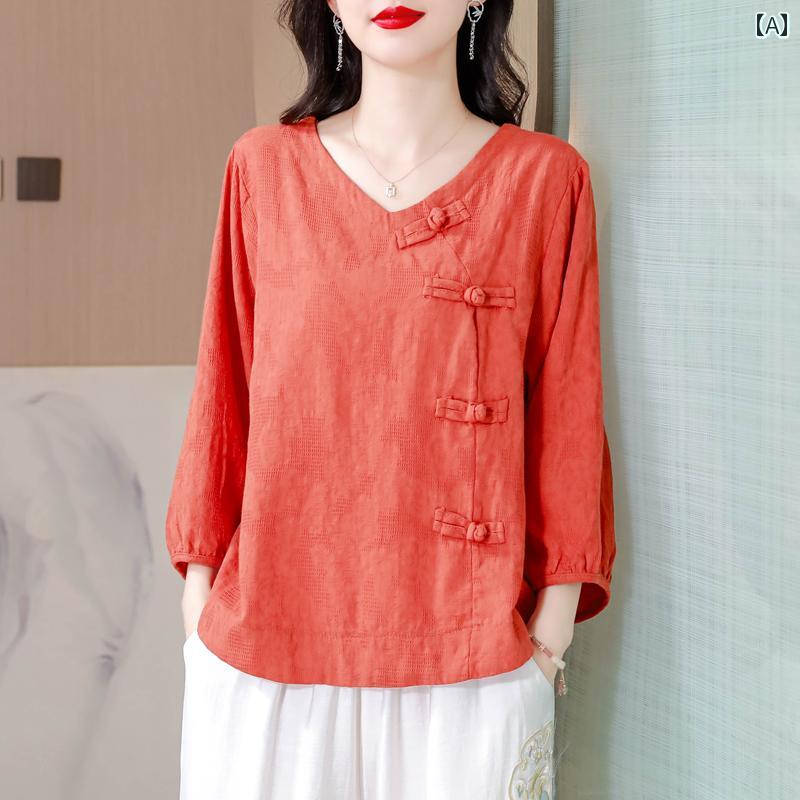 レディース Ｔ シャツ 七分袖 夏 トップス 綿麻 ゆったり チャイナ風 バックル Vネック ママコーデ シンプル リラクシング バカンス 休日 カジュアル レジャー 着やい 清涼感