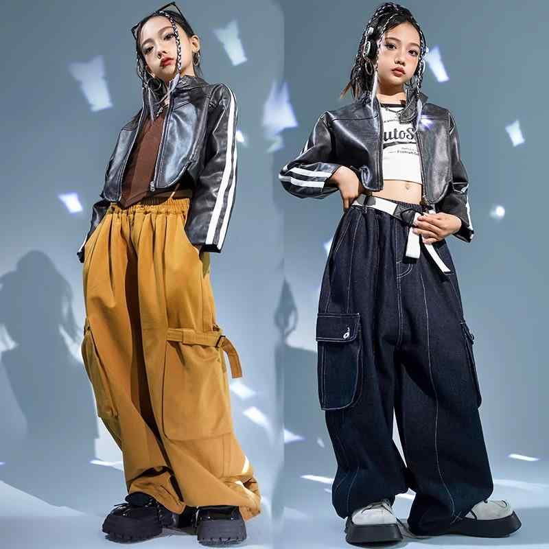 キッズ ジュニア ファッション ダンス ガール セットアップ 子供服 ストリート ヒップホップ ジャズ パフォーマンス 衣装 服 女の子 レザー ジャケット スーツ