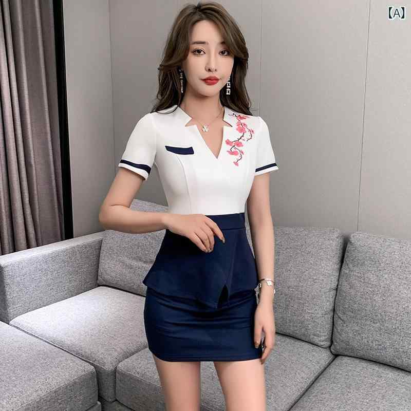 エステ 美容サロン 制服 ユニフォーム レディース 作業着 セットアップ レディース おしゃれ 豪華感 ネイビーブルー ブラック 花