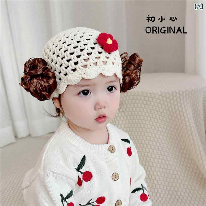 帽子 韓国 ベビー 春秋 女の子 赤ちゃん かわいい ウィッグ キャップ 新生児 柔らかい 赤 ウール