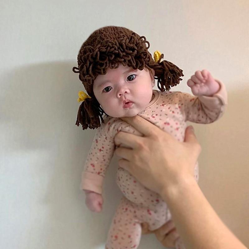 帽子 韓国 秋冬 ベビー かわいい 柔らかい ギフト ウィッグ 三つ編み ツインテール 女の子 カジュアル ウール