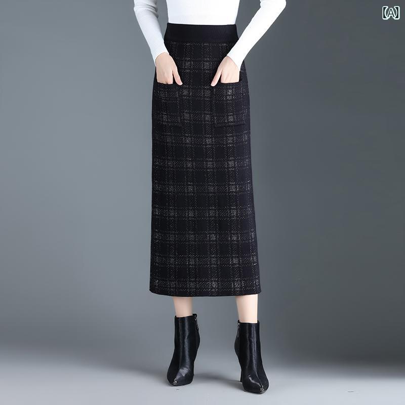 レディース レディース スカート 秋冬 チェック フリーサイズ スリット ストレート 膝下 丈 シンプル ウール ストレッチ ストレッチ コーデ クラシカル 通勤