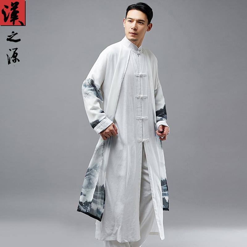 メンズ フェイク 綿麻 ツーピース ガウン レトロ スタンドカラー 中国 唐 スーツ パフォーマンス ローブ 中華風 瞑想 漢服