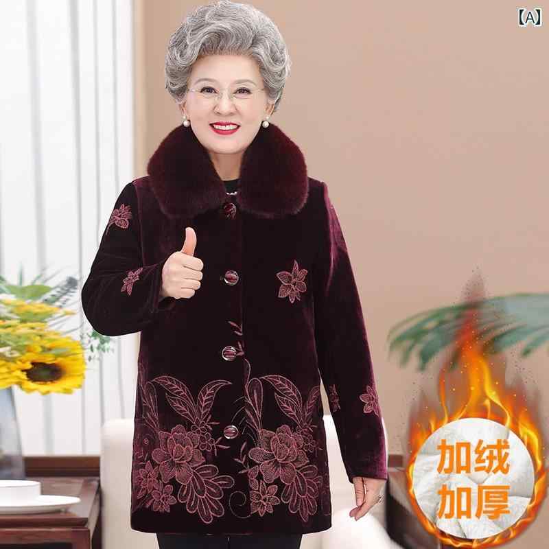 レディース 冬 おばあちゃん 起毛 コート 厚手 ジャケット 大きめサイズ ゆったりタイプ カーディガン ボタン シニア 花鳥柄 トップス