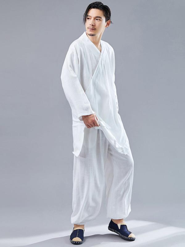 メンズ 修行服 カンフー 太極拳 中華風 太極拳 スーツ 綿 リネン ゆったり 武道 パフォーマンス 練習用 スーツ 傾斜 襟 瞑想 漢服 茶道 スーツ