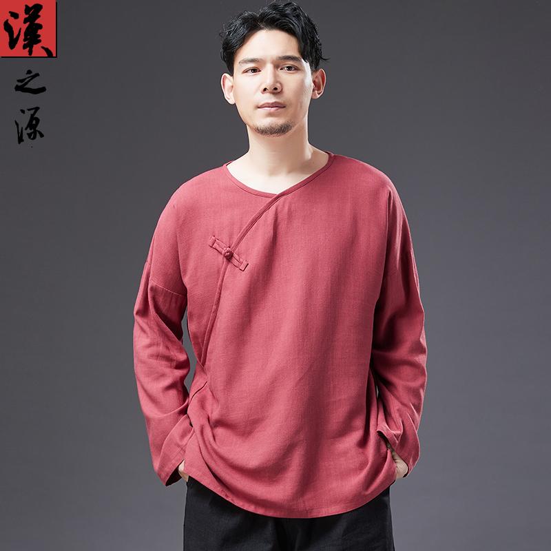 プルオーバー 夏 長袖 綿 リネン T 薄 底 ラウンド素っ首 レトロ 曲がった襟 漢服 トップス 中華風 流行り物 T