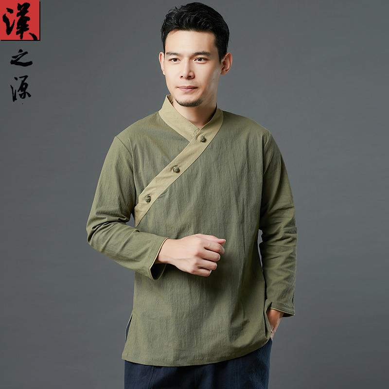 シャツ メンズ 長袖 中華風 ファッション 3 ボタン プルオーバー T 中華風 ファッション レトロ 漢服 トップス カラーマッチング T