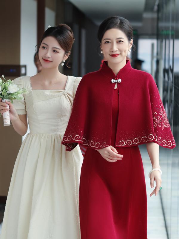 ドレス レディース 秋 冬 ショール 結婚式 母 チャイナ アウターウェア おばあちゃん 結婚式 パーティー 赤い マント 高級感|セキュアデポ