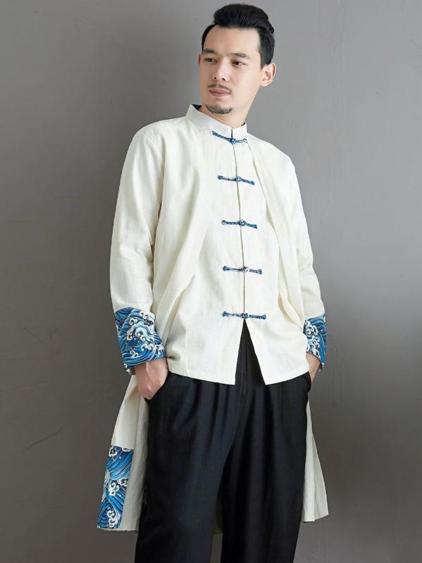 シャツ メンズ 春 カジュアル 中華風 唐装 レトロ エスニック ロング チャイナ ローブ リネン