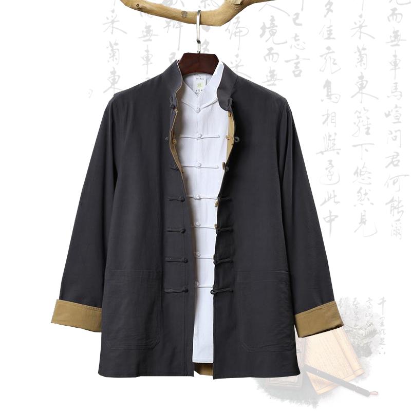 コート メンズ コットン カジュアル 長袖 唐装 トップス 中華風 漢服 スリム リバーシブル リネン レトロ 衣装 プレート バックル カンフー 太極拳 スーツ