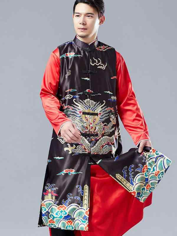 シャツ カンフー着 太極拳 2000 中華風 プリント ベスト ミディアム 丈 スタンドカラー ディスク バックル 唐服 中華風 漢服 ノースリーブロング マンダリン