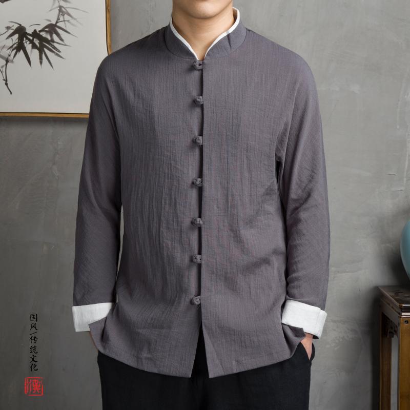シャツ メンズ 秋 冬 長袖 修行服 カンフー 太極拳 中華風 スタンドカラー レトロ バックル 唐装 ファッション ショート トップス 瞑想 スーツ