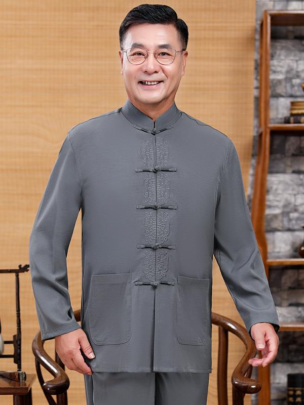 メンズ 秋 春 長袖 カンフー着 太極拳 唐服 スーツ 中華風 薄手 スーツ 高齢者 誕生日 服 お父さん 漢服