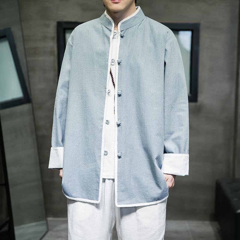 プルオーバー メンズ 綿織物 長袖 切磋琢磨服 カンフー 太極拳 中華風 リネン リネン レトロ 中国 上着 中華風 唐装 茶 思い入れる 背広