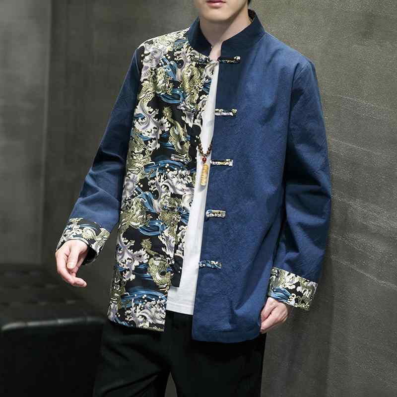 上衣 メンズ 長袖 切磋琢磨服 カンフー 太極拳 中国 引きあわせる的 色 唐 背広 中華風 宿小屋 漢服 レトロ 御召しもの リネン 茶 思い入れる 背広