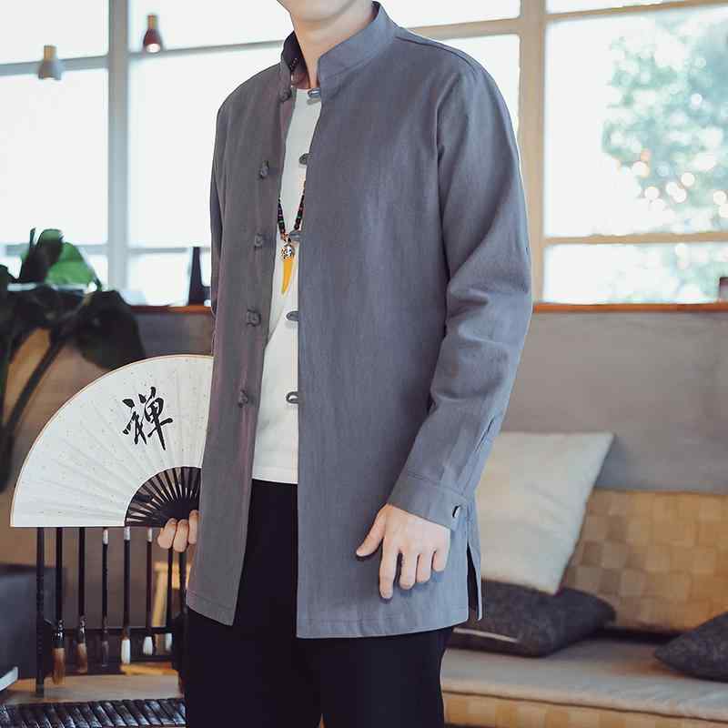 シャツ メンズ 秋 春 長袖 中華風 リネン 中山 綿 リネン レトロ ミドル丈 中国 唐 スーツ トップス