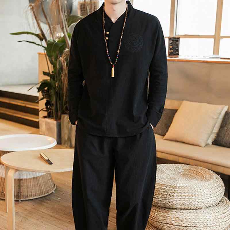 シャツ メンズ カジュアル 長袖 綿麻 ストリート 唐服 スーツ 漢服 ワイド セット スポーツウェア T ランタン 2点 セット