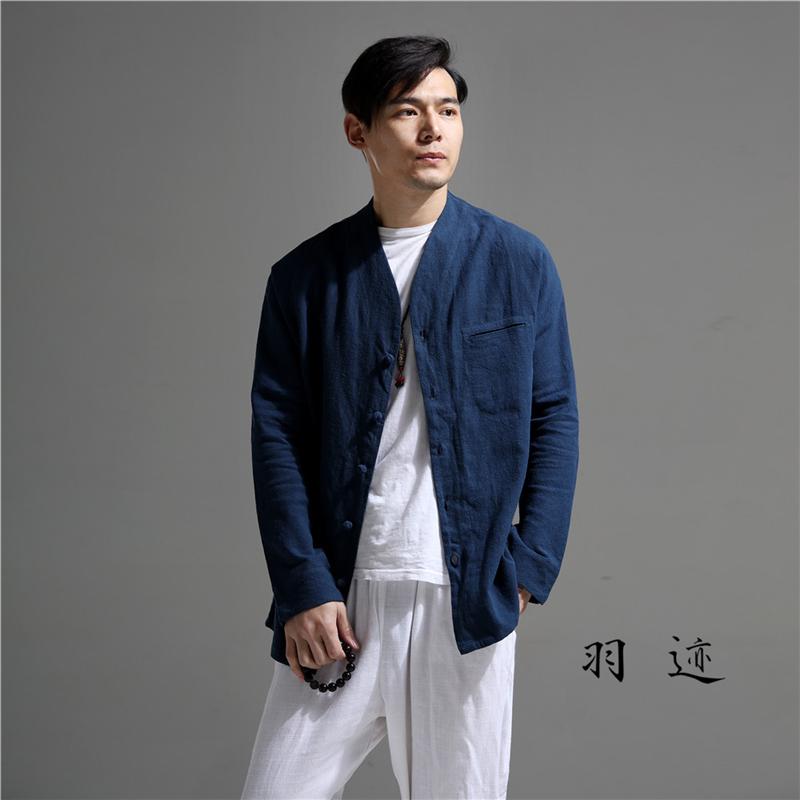 シャツ メンズ 春秋 長袖 中華風 紳士服 中華風 無地 リネン スリム シンプル ボタン Vネック カーディガン トップス