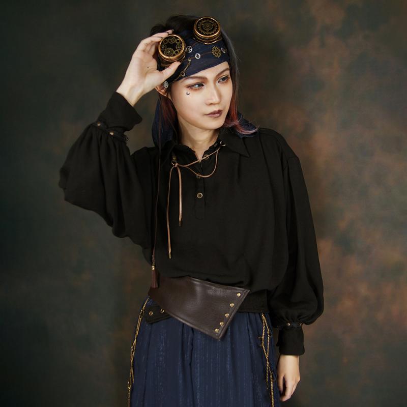 シャツ ユニセックス 長袖 シフォン スチーム パンク レトロ シック おしゃれ 海賊 ブラック トップス|セキュアデポ