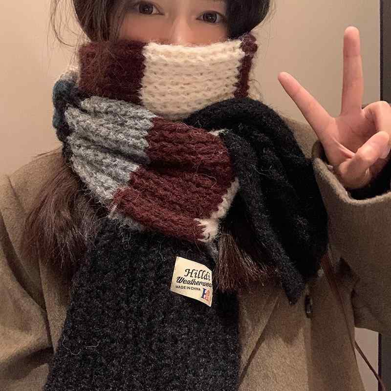 レディース 冬 ニット マフラー おしゃれ 防寒 メイラード レトロ ストライプ スカーフ 厚手 暖かい スカーフ