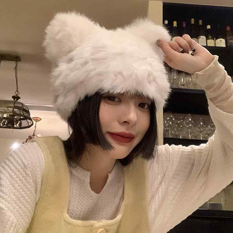 レディース 冬 ウール 帽子 暖かい クマ耳 リアル ウサギ 毛皮 厚手 防寒性 暖かい 毛皮 キャップ