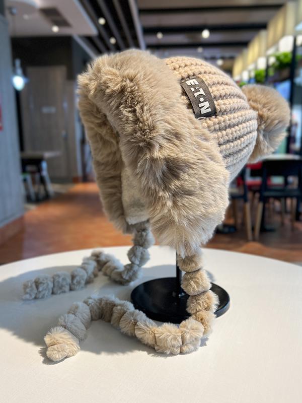 レディース 秋 冬 ニット ウール 防寒 厚手 ベルベット 帽子 耳保護 ウサギ 毛皮 ボール ロシア 帽子 暖かい 耳保護 ヘッド ギア
