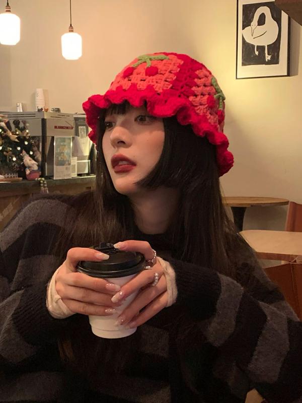 カジュアル ニット ウール 帽子 ハット ins チェリー フィッシャーマン ハット 手編み ハット 甘くて かわいい ネット