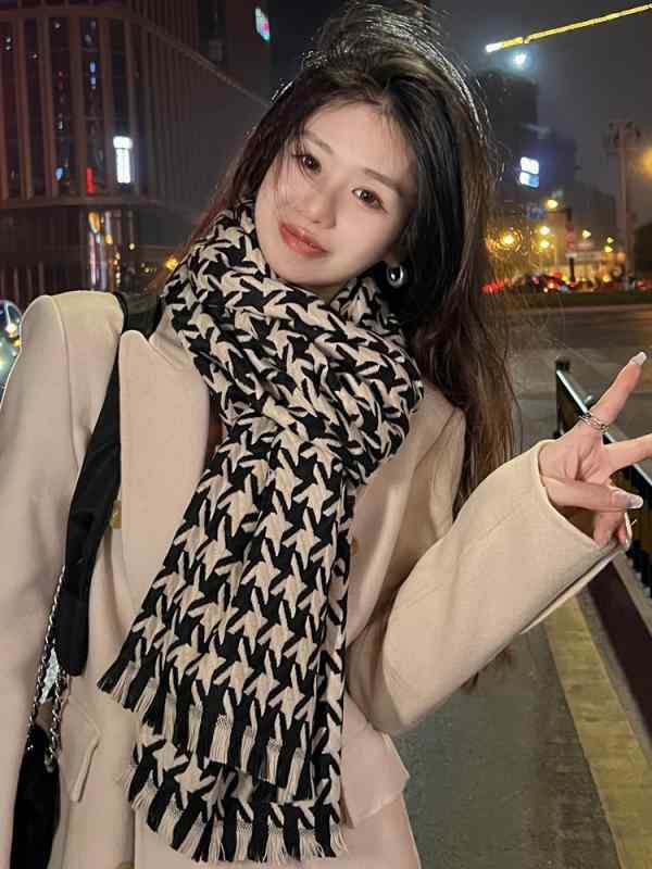 レディース 冬 カジュアル マフラー あったかい 千鳥格子 タッセル スカーフ 韓国 防寒 スカーフ 人 学生 旅行 ファッション ショール