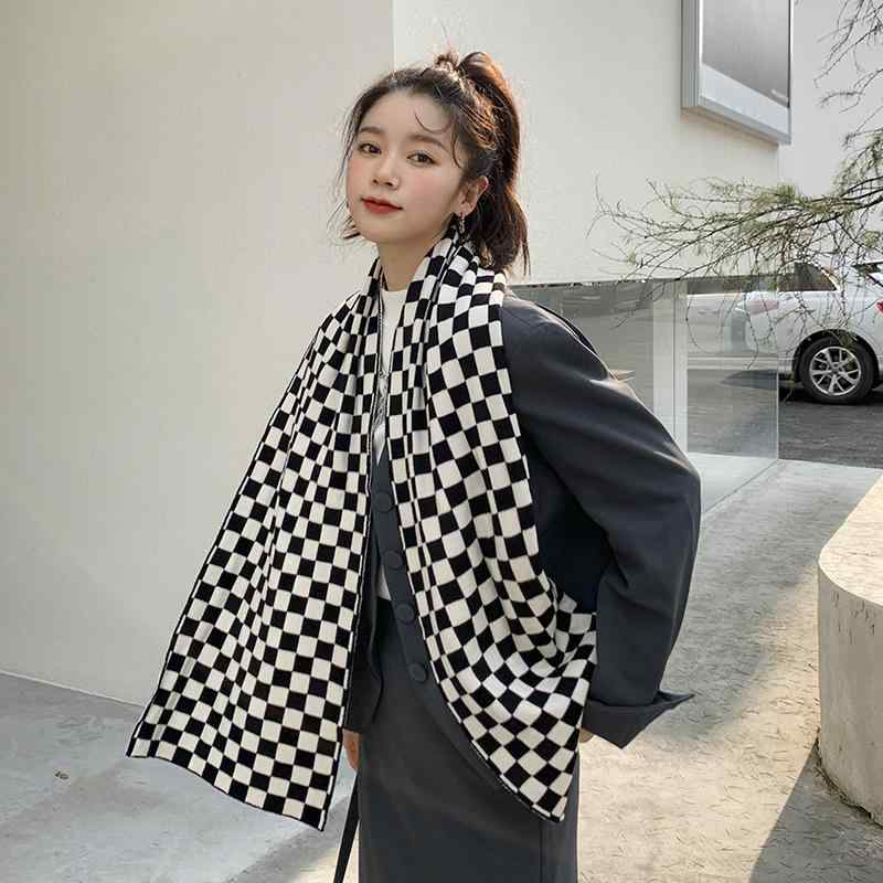 秋 冬 マフラー 黒白 市松 模様 スカーフ ファッション 暖かい 厚手 学生 カップル 小さい スカーフ 女性