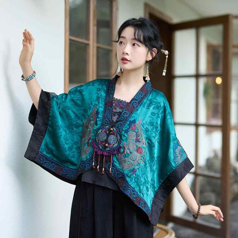 ジャケット レディース アウター 民族風 エスニック レトロ 刺繍 マント ショール ベスト オーバー バット スリーブ 日焼け防止 服