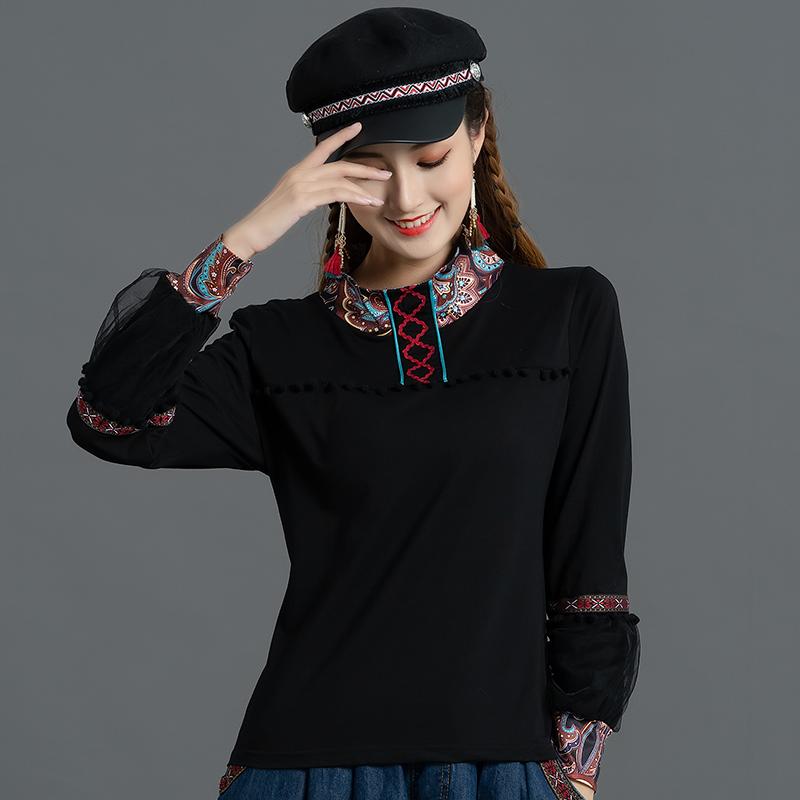 シャツ レディース 秋 トップス レトロ レトロ エスニック ハイネック プリント ランタン スリーブ スリムフィット T ベース レイヤー