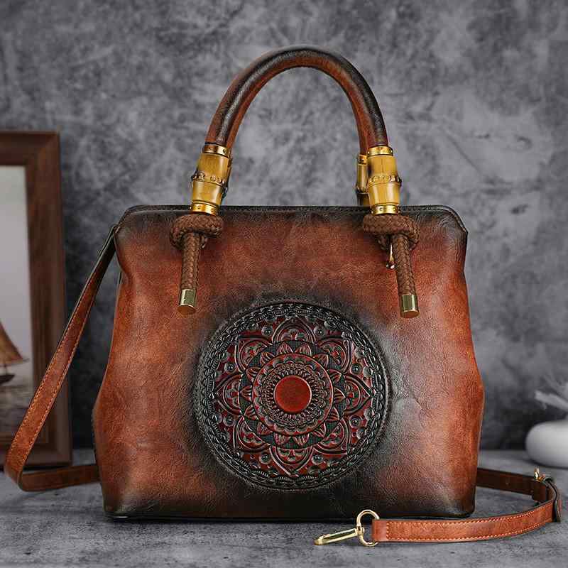 レディース 秋 冬 ハンドバッグ レトロ PU バッグ エンボス 加工 竹 大容量 ショルダー クロス ボディバッグ