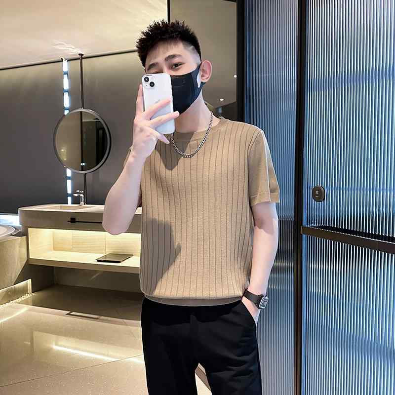 シャツ メンズ 春 夏 カジュアル ニット トップス 半袖 T 薄い 冷感 通気性 ラウンドネック ピット ストリップ 無地 ファッション
