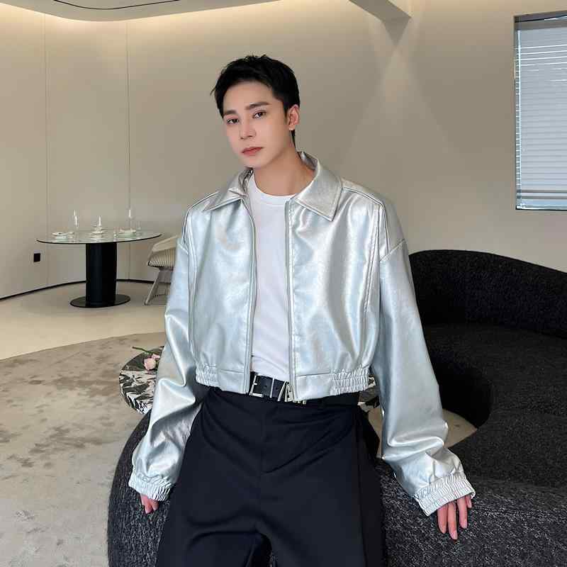 ジャケット メンズ 秋 冬 かっこいい シルバー 光沢 レザー ハイエンド 韓国 ショート PU レザー