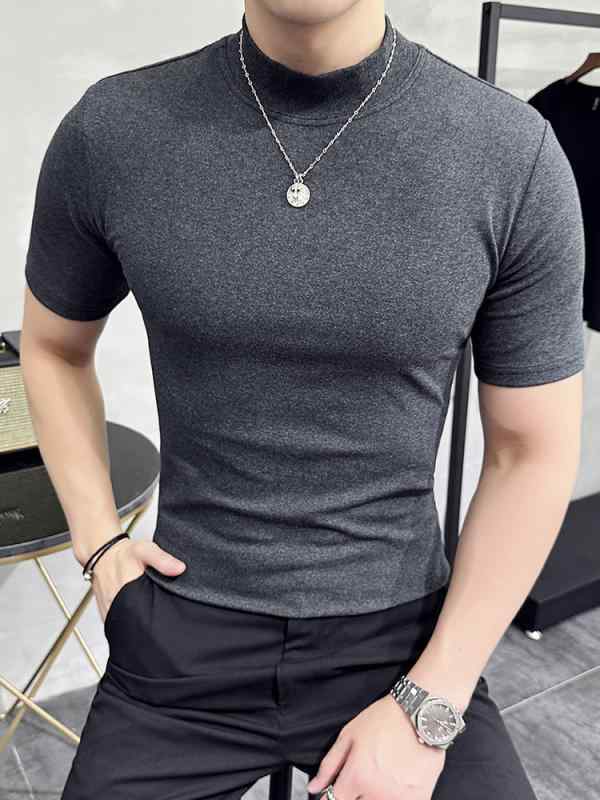 シャツ メンズ 秋 冬 トップス ハーフ タートルネック 半袖 T 無地 ハイエンド スリム ストレッチ T