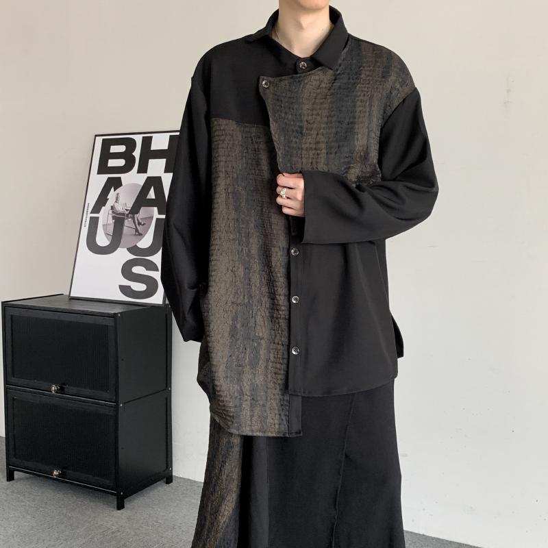 シャツ メンズ 秋 トップス おしゃれ レトロ ハイエンド 絞り染め 中華風 不規則 スプライシング ドレープ