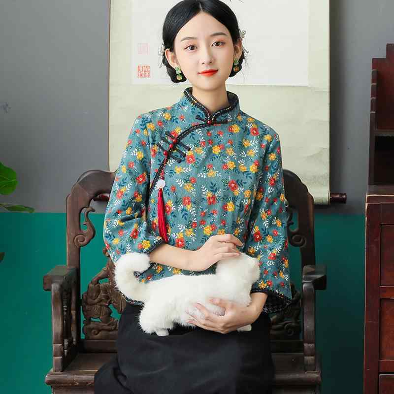レディース 秋 冬 ファッション 民族 女性 レトロ 漢服 スーツ 唐 スーツ ツーピース スーツ 花柄 チャイナ トップス 中国 茶 スーツ