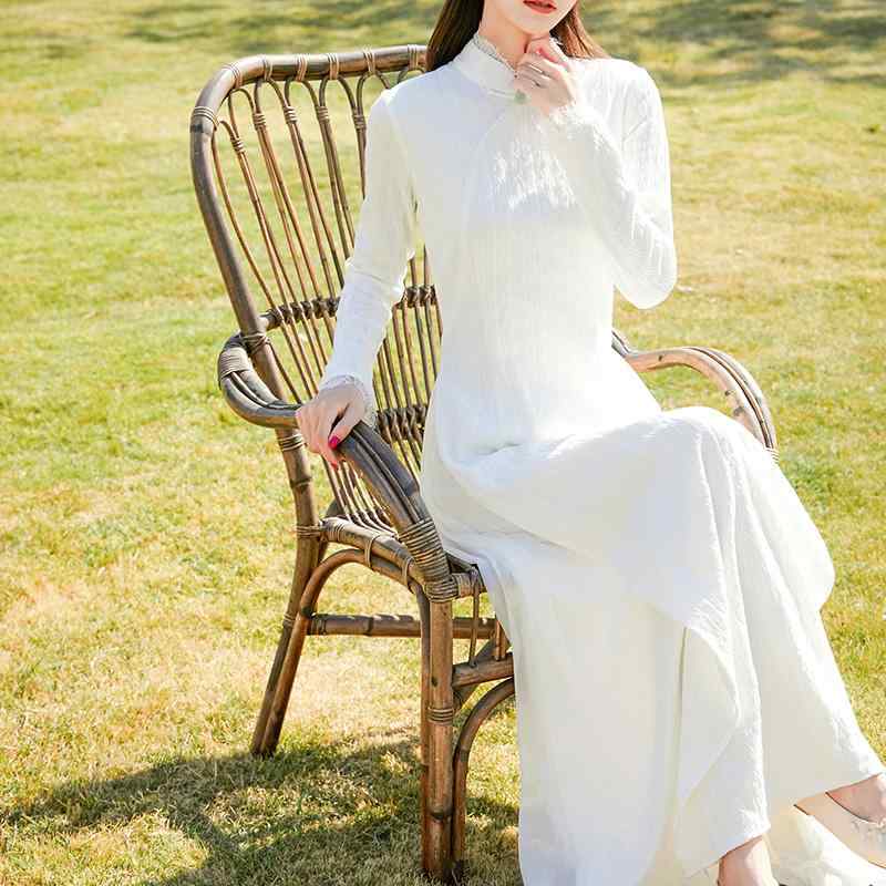 お召しもの 秋 春 編み物 瀬戸もの 中国 レトロ お上さん 白 アオザイ か細い填まる 瀬戸もの 茶 ロング